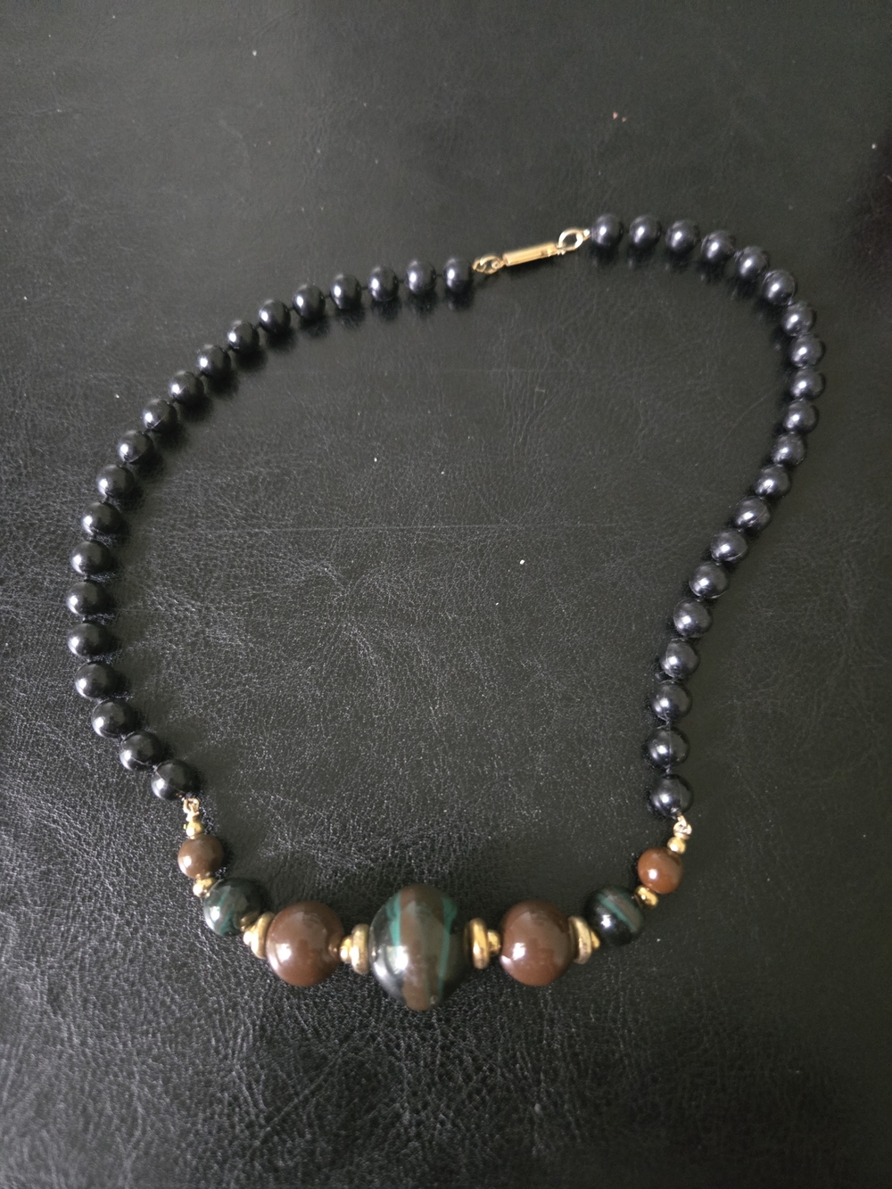 Vintage Beaded Statement Necklace Black Brown Green Earth Tone Boho Retro